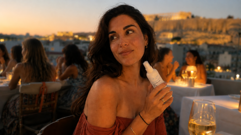 Woman holding hypochlorous acid spray after 30-day acne skincare routine
